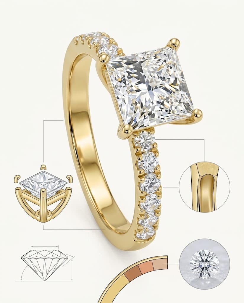 A yellow-gold engagement ring with a princess-cut diamond and a pavé band, shown with cutaway diagrams of the setting, the cut profile and the colour scale.