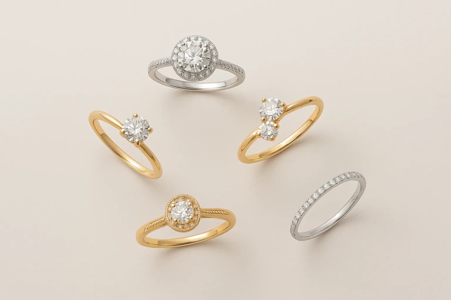 Five engagement rings seen from above, one per style: halo, solitaire, two-stone, vintage and pavé.
